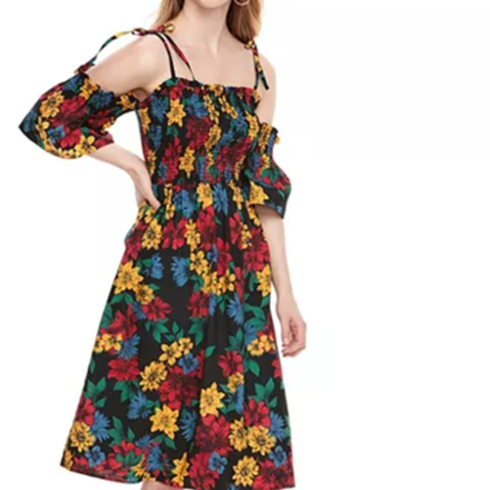 K/Lab Cold Shoulder Tie Strap Dress Tropical Floral Print Small NWT